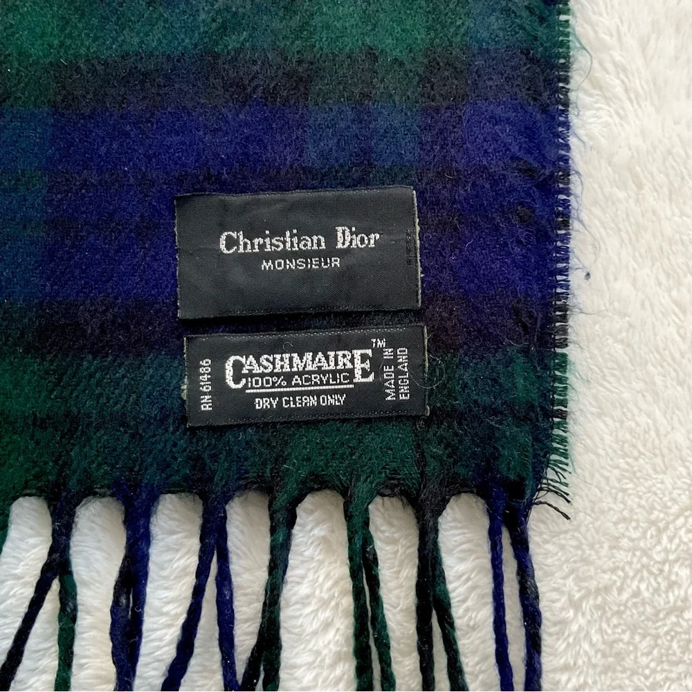 Vintage Christian Dior Monsieur Black Watch Plaid Cashmaire Scarf Made England